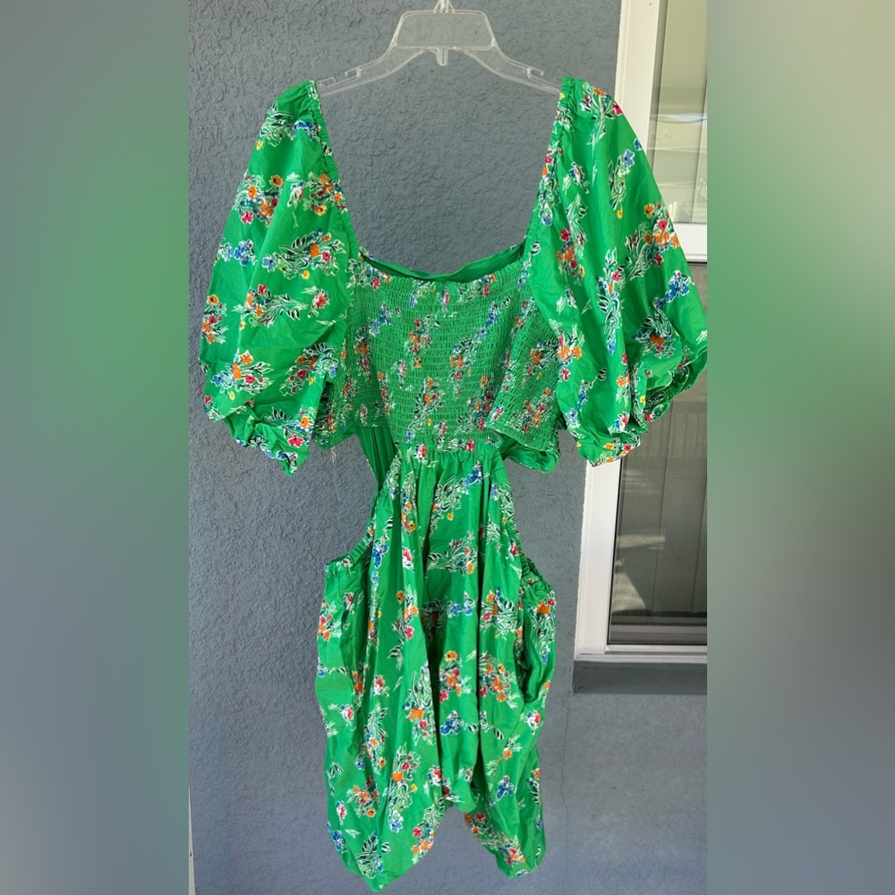 A New Day Floral Puff Sleeve Side Cut Outs Smocked Feminine Bubble Hem Dress 2X - Picture 3 of 6